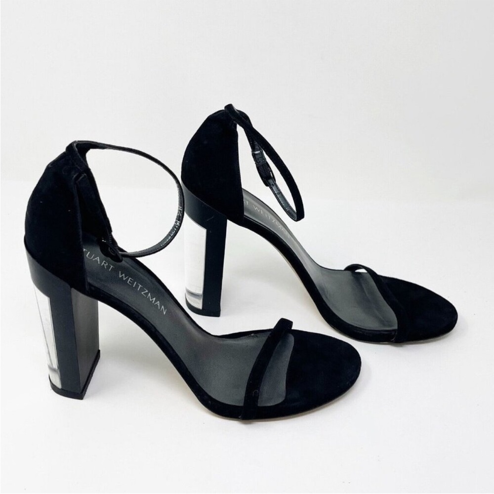 Stuart Weitzman Black Suede Clear Block Heel Open Toe Sandals Size 8.5